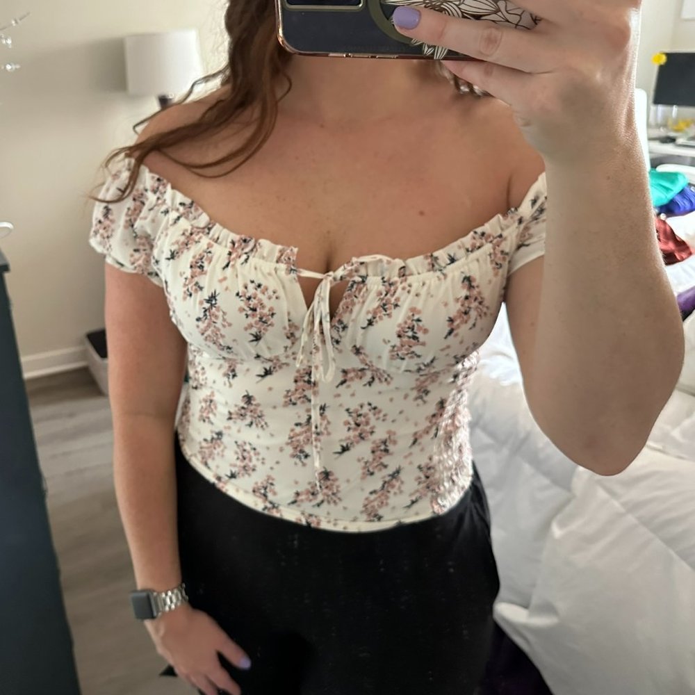 White Floral Smocked Puff Off Shoulder Shirt Blouse Blush J - Size Large